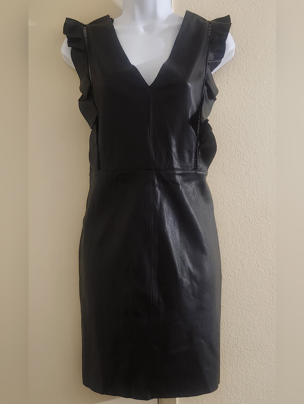 Zara Black Faux Leather Ruffle-Shoulder Midi Dress